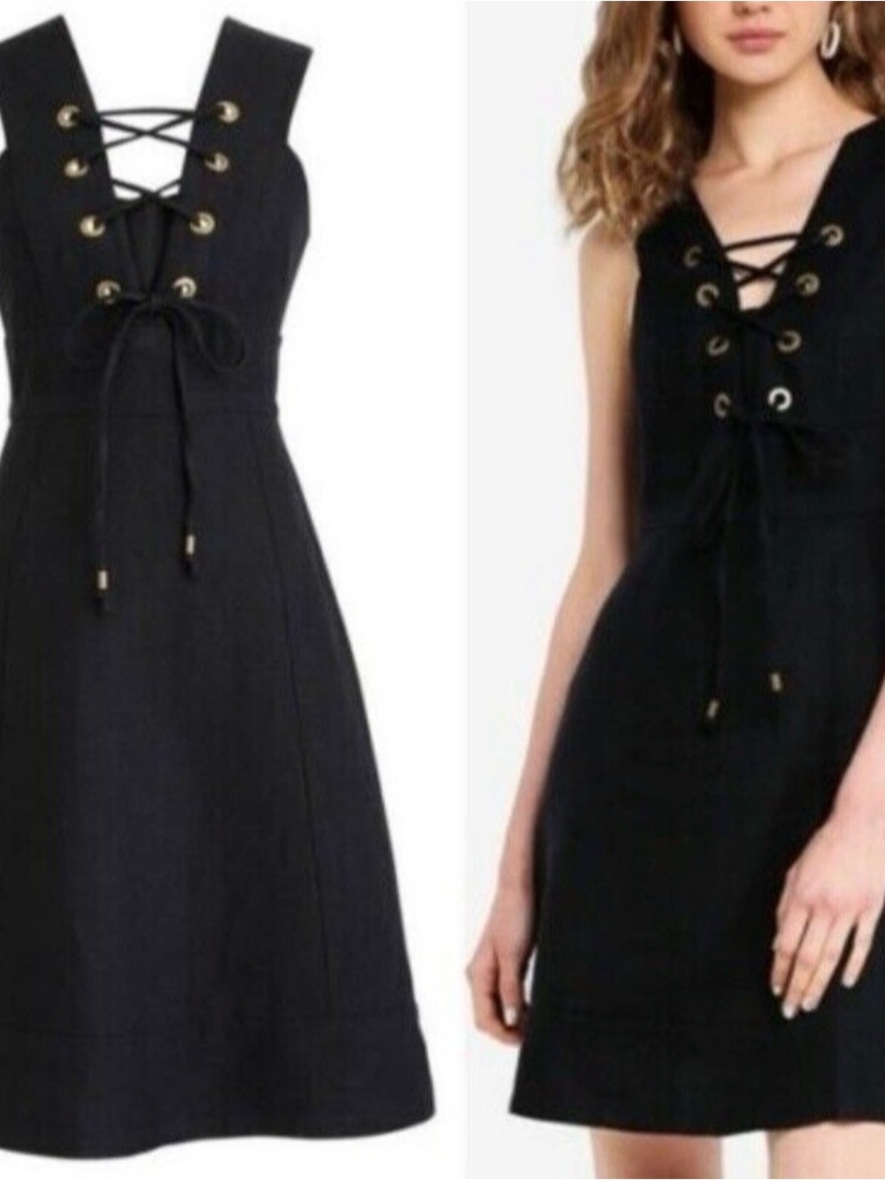 JCrew Collection Linen Black Lace-Up V-Neck Women's Dress